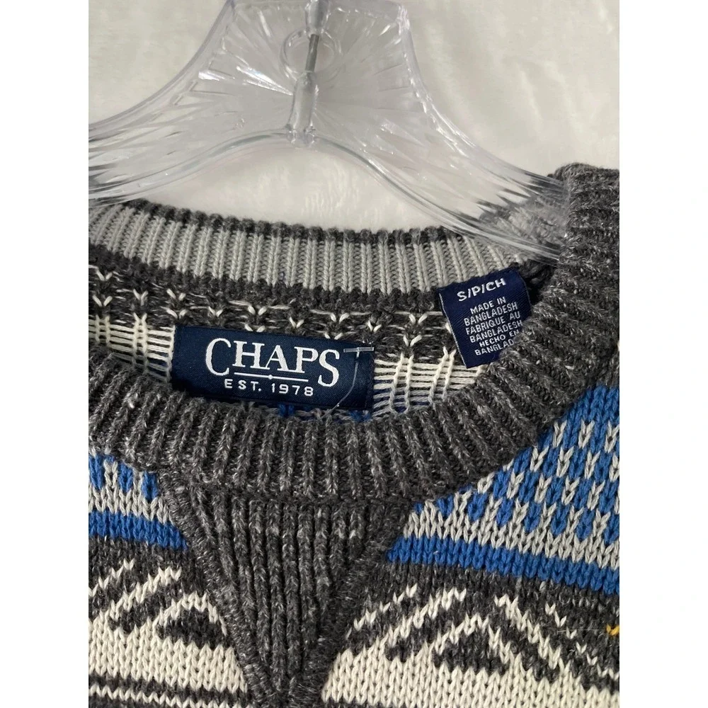Chaps Mens Fair Isle Dog Pine Tree Sweater Grey Blue Cotton Blend Small Preppy